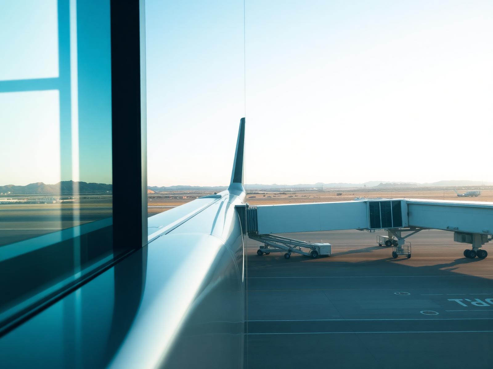 Airport gate window looking out over desert tarmac