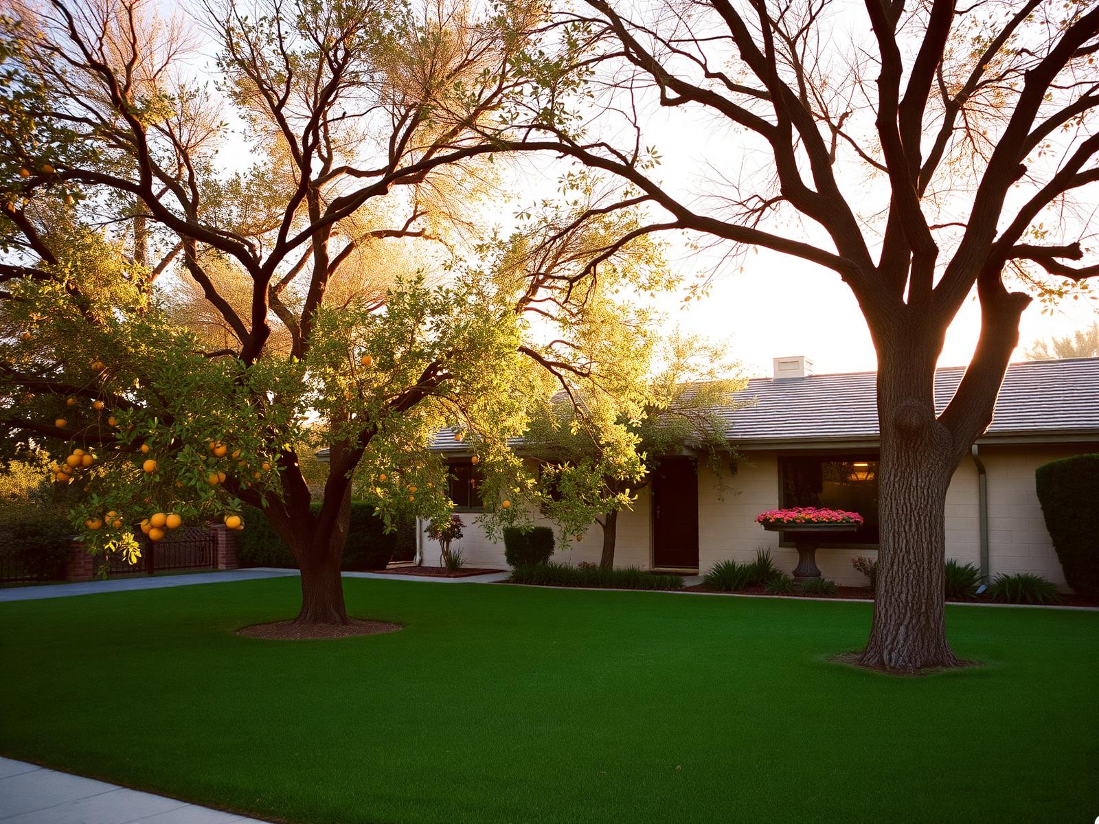 Citrus trees beside a mid-century ranch home