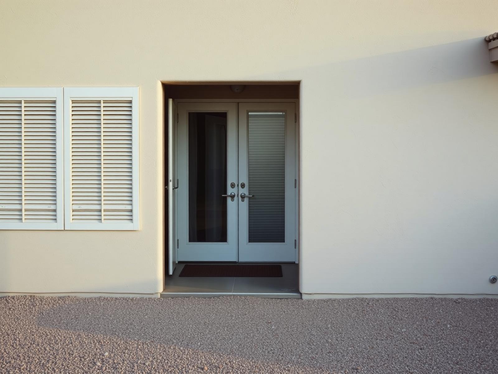 Closed shutters and a swept patio at a secured desert home