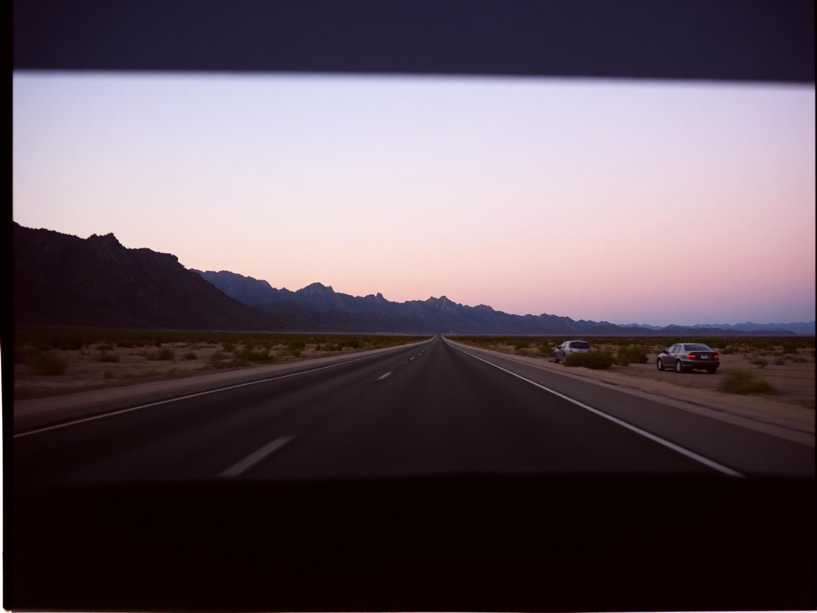 Wide Arizona road toward mountains at dusk