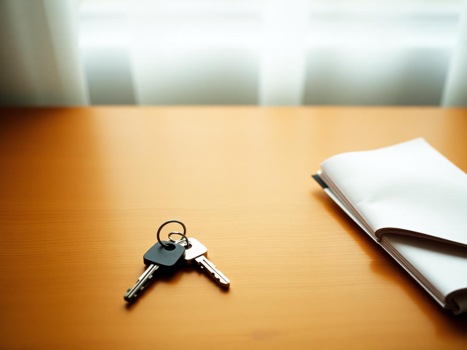 House keys and paperwork on a wood table