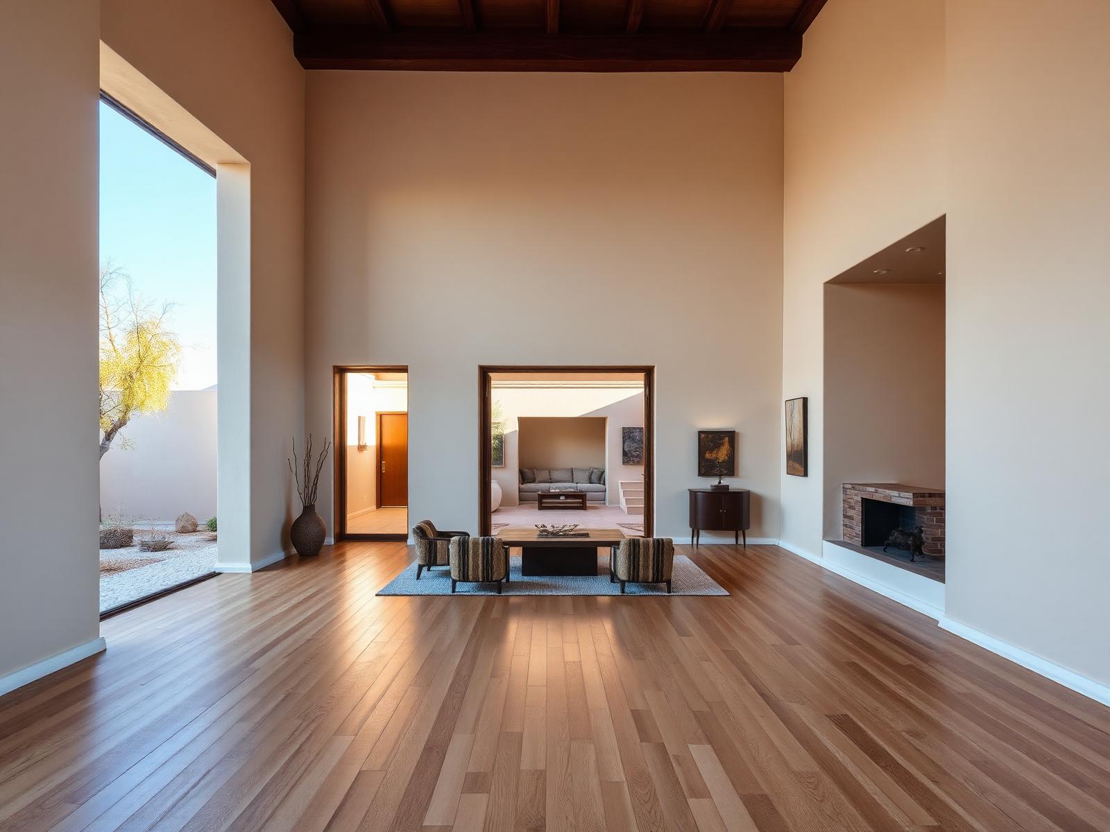 Desert modern great room opening to a courtyard