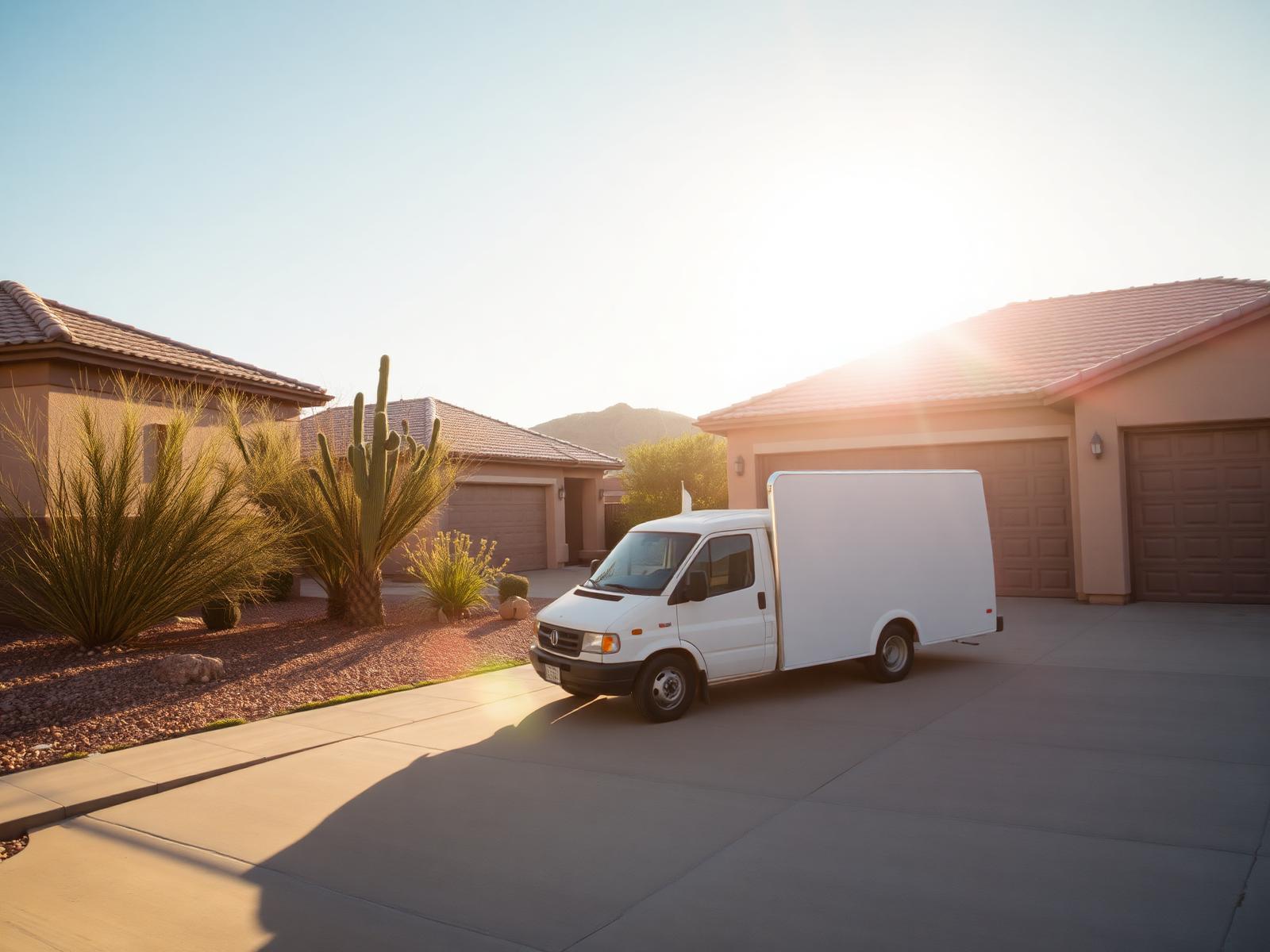 Moving van parked in a sunlit desert driveway