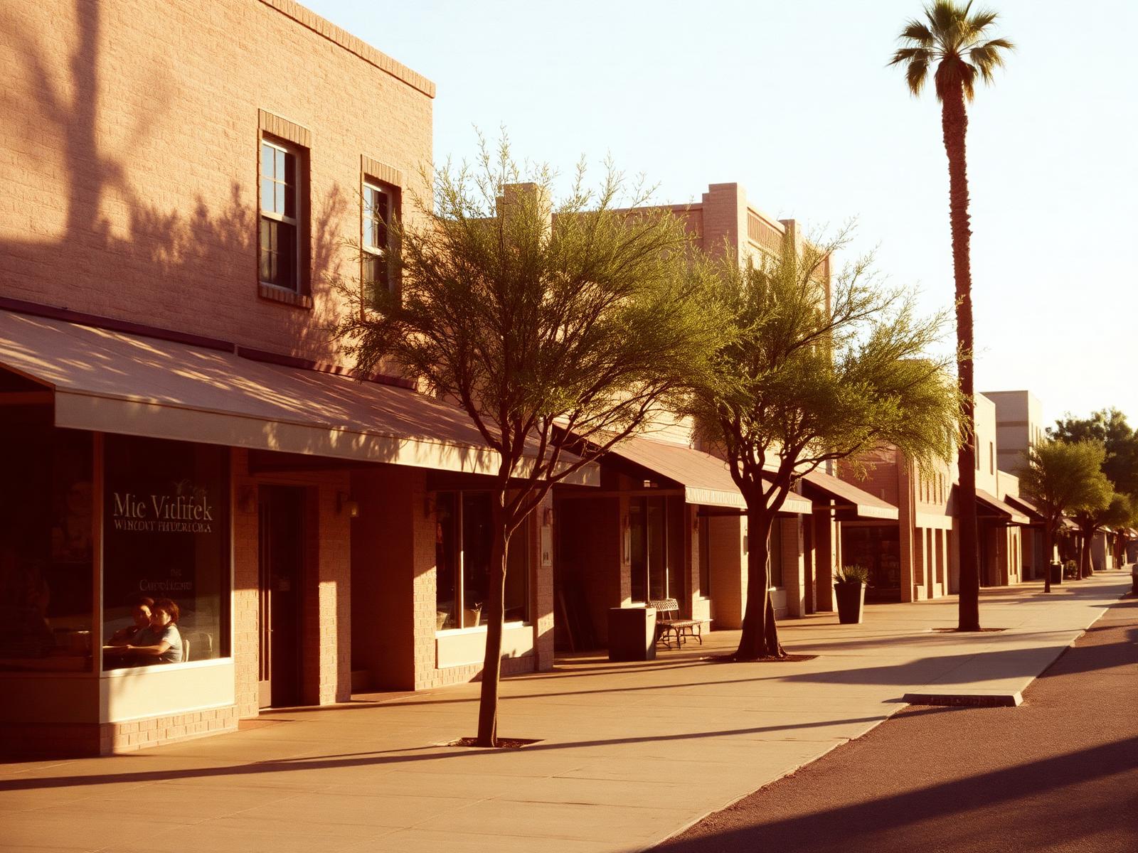 Low-rise Old Town Scottsdale storefronts in afternoon light