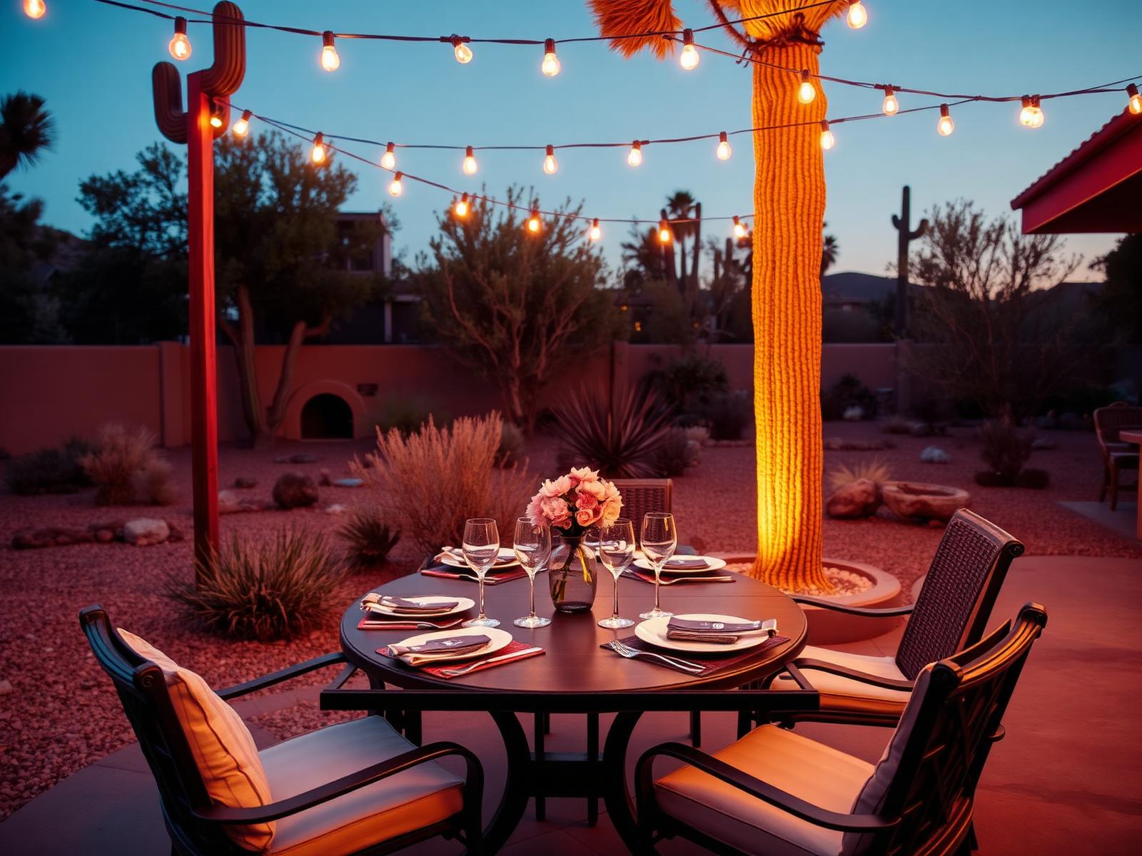 Patio table under string lights in a desert garden at dusk