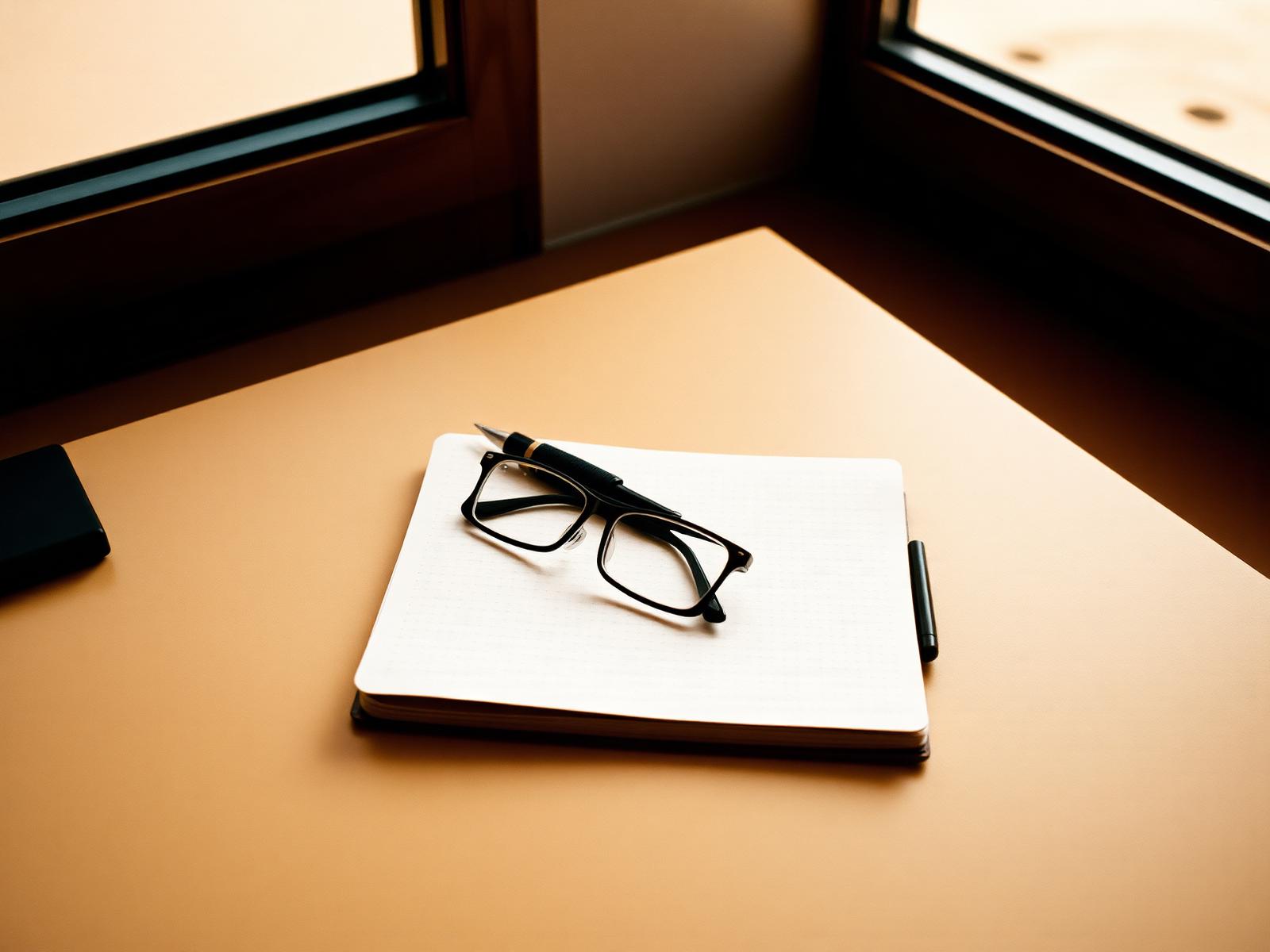 Notebook and pen on a desk in warm window light