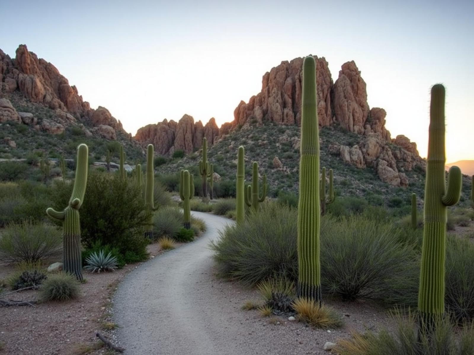 Desert preserve trail winding between saguaros at sunrise