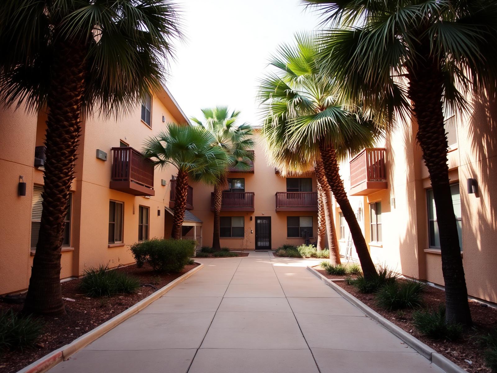 Shaded courtyard walkway of a leased residence community