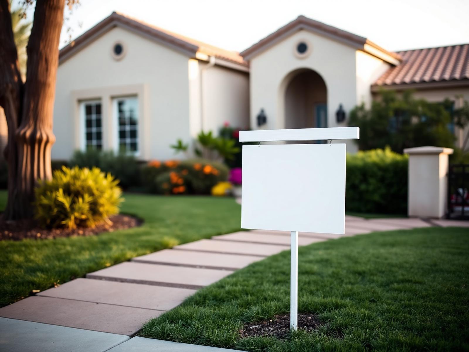 Blank yard sign in front of a southwestern home